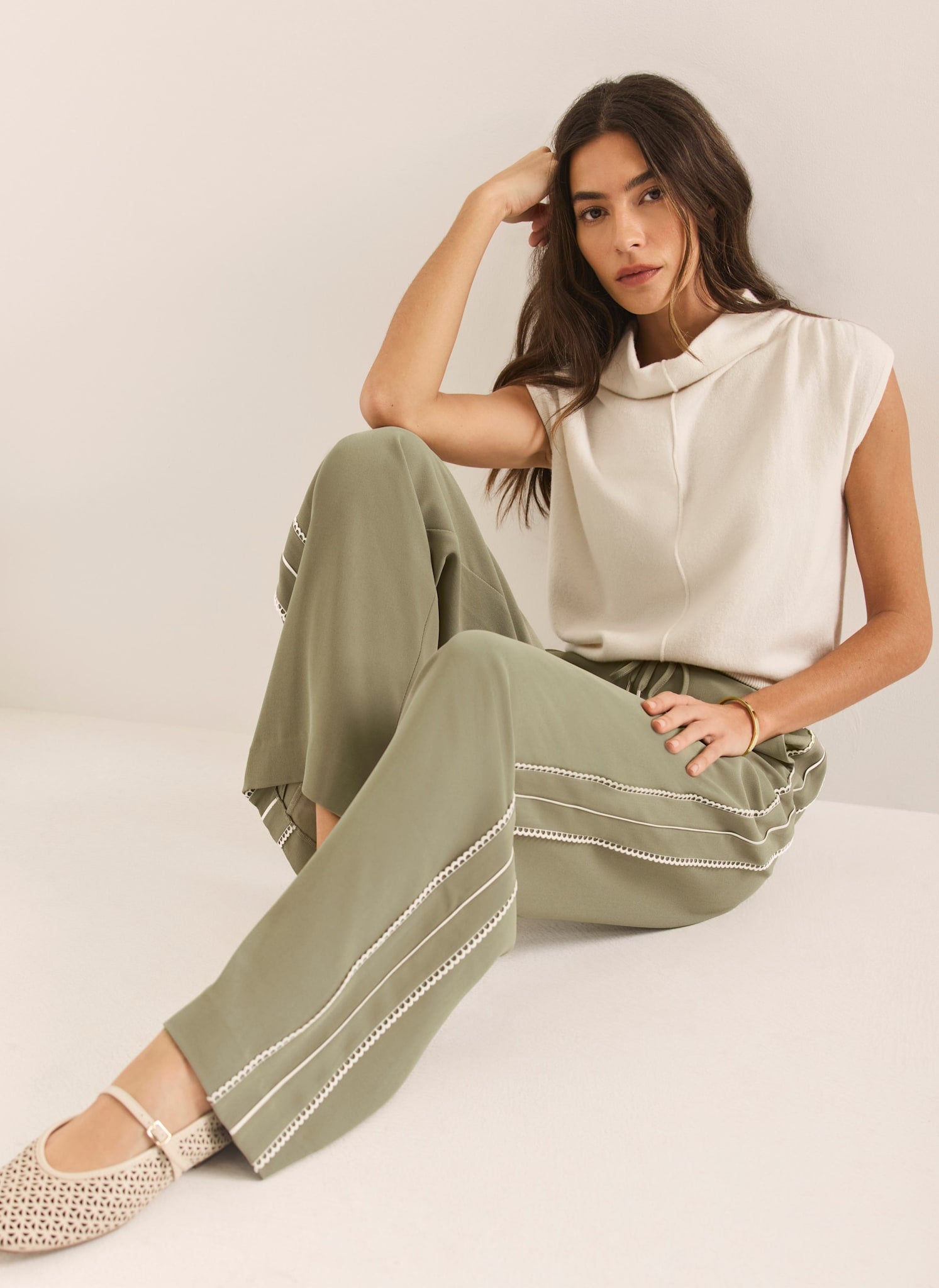Khaki Scallop Side Stripe Wide Trousers
