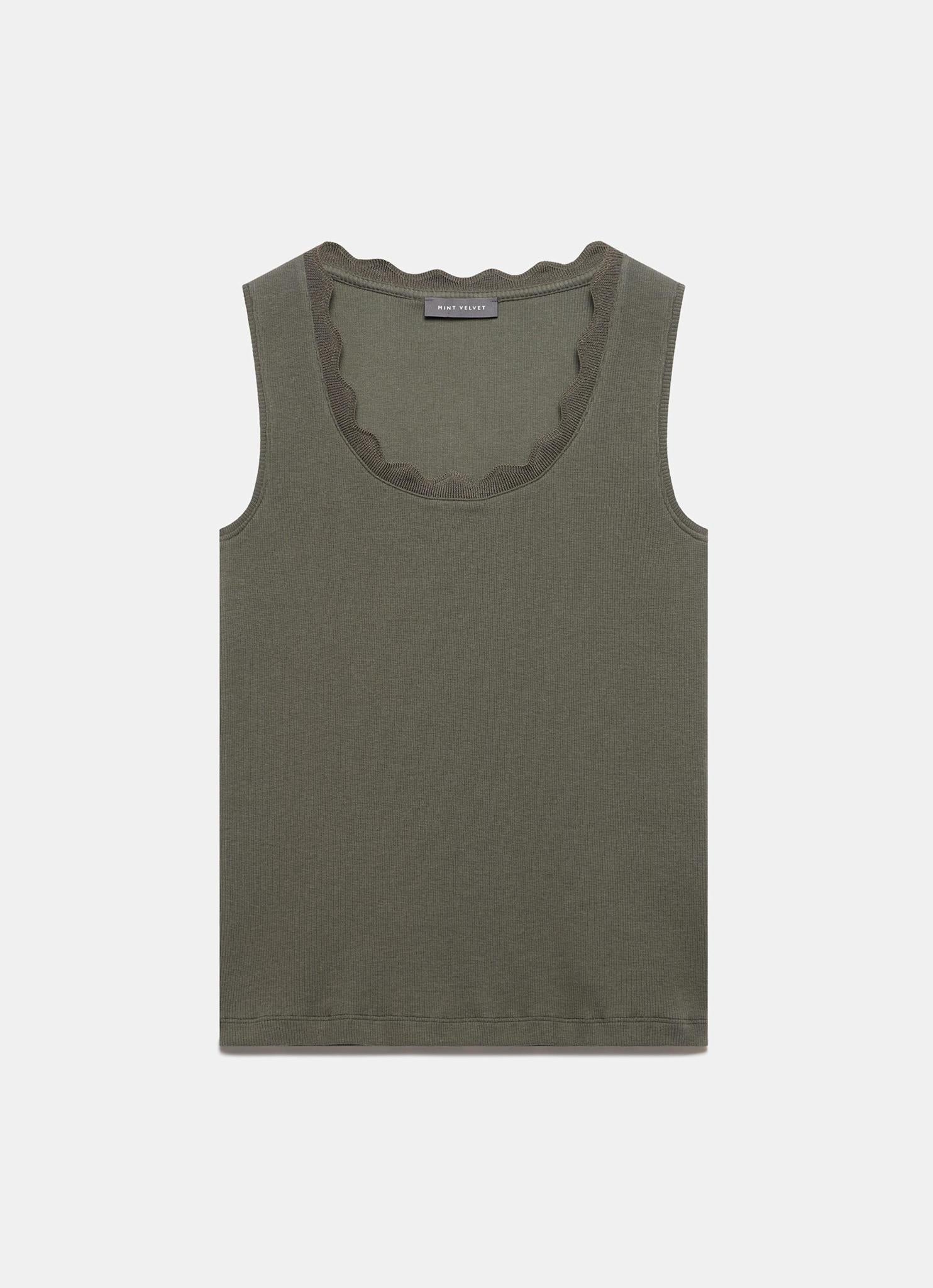 Khaki Scallop Trim Vest Top