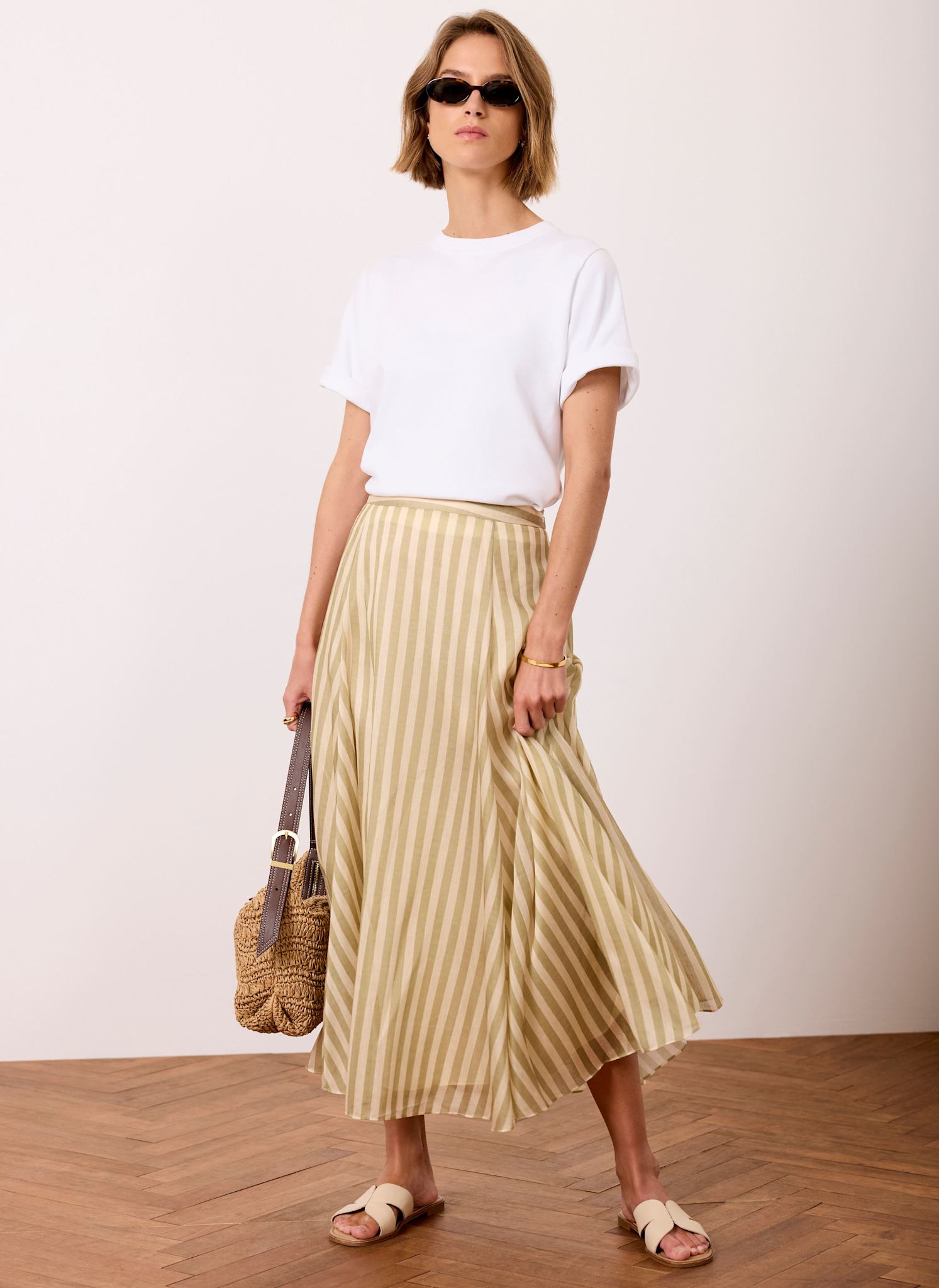 Green Striped A Line Midi Skirt