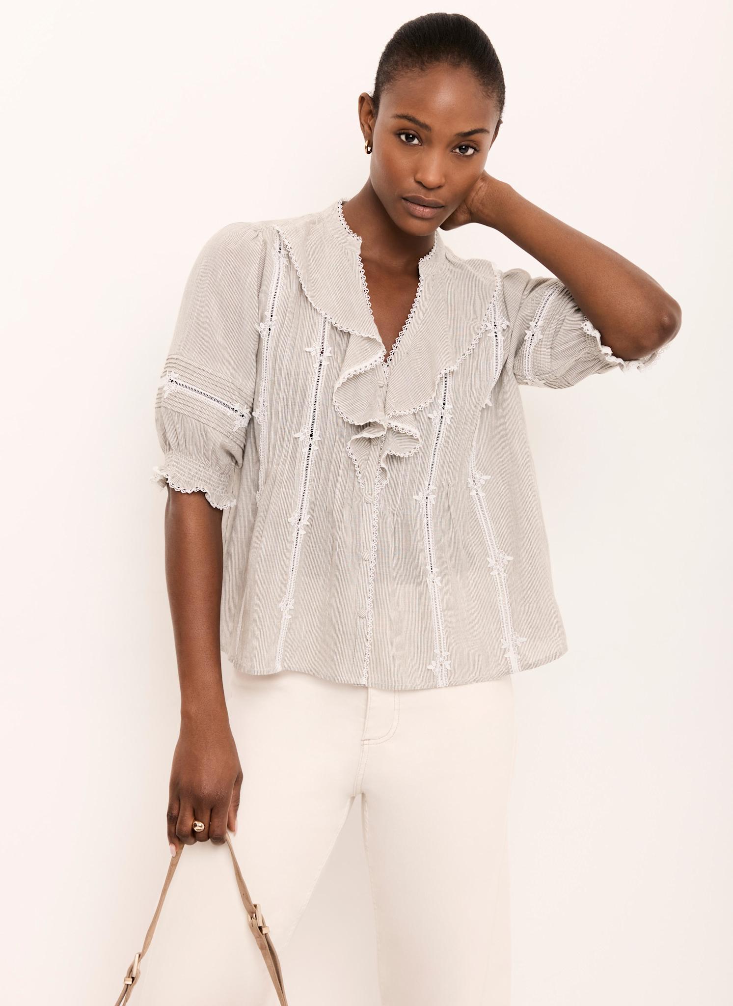 Cotton Stripe Ruffle Blouse