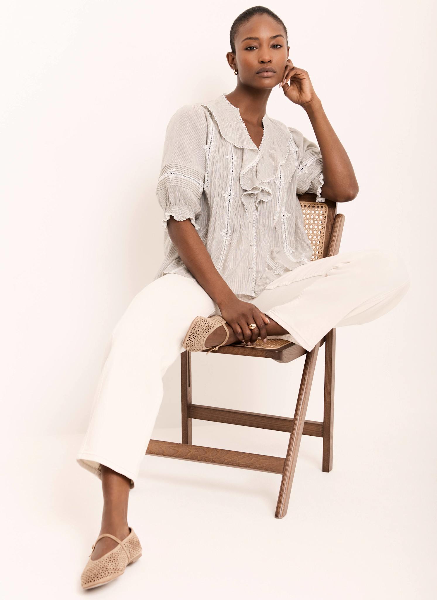 Cotton Stripe Ruffle Blouse