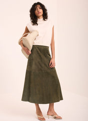 Khaki Suede Full Midi Skirt