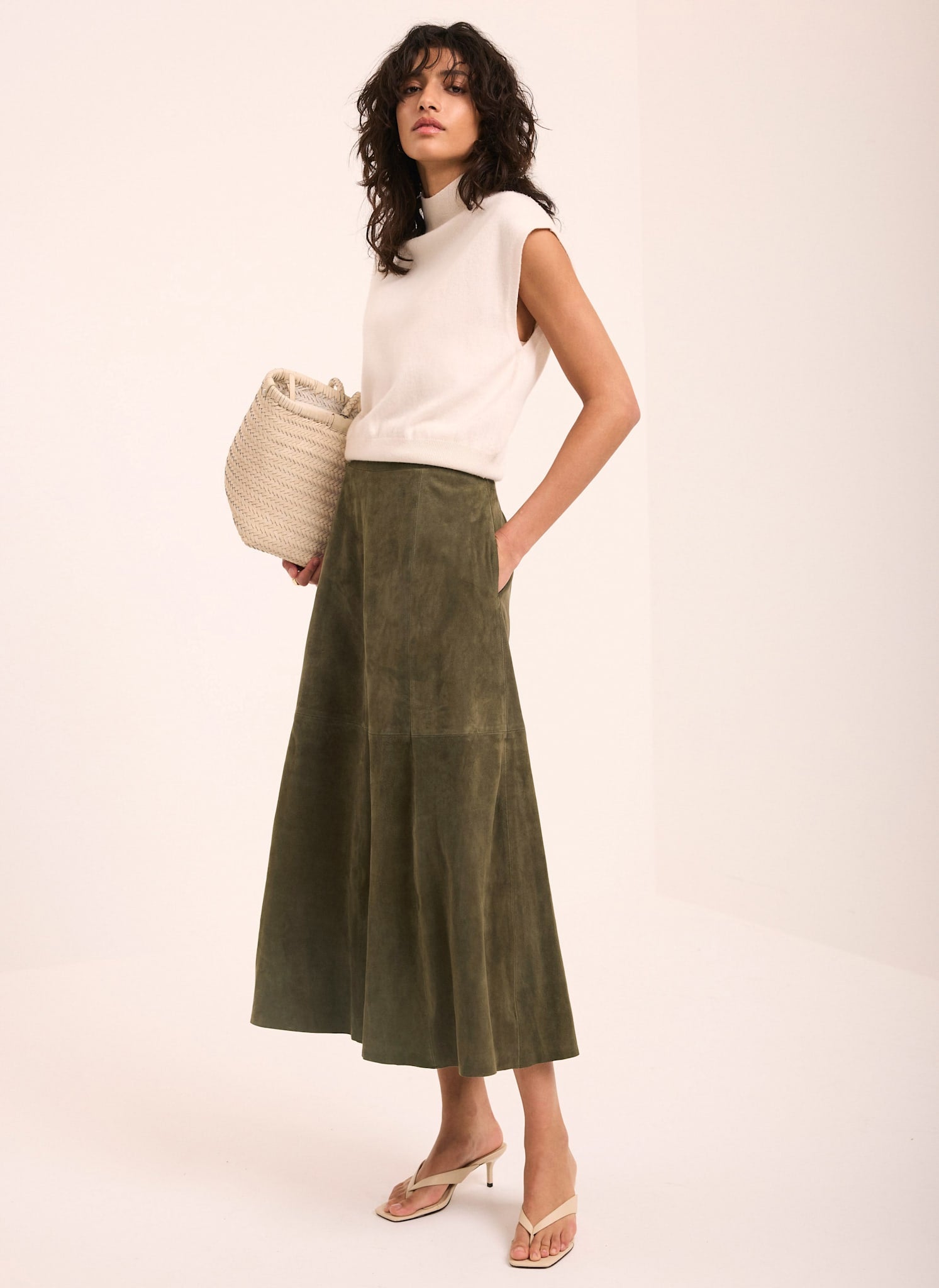 Khaki Suede Full Midi Skirt