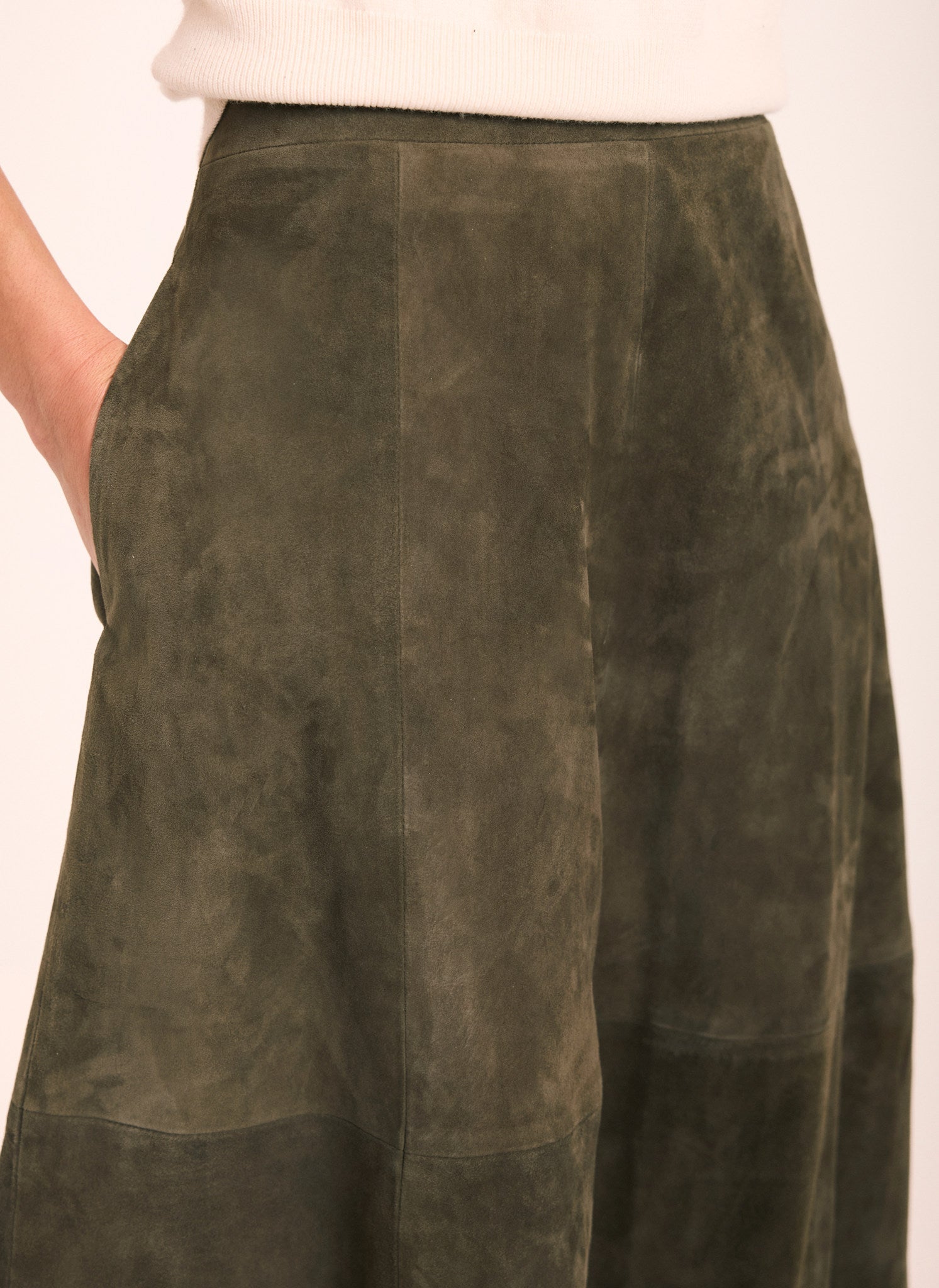 Khaki Suede Full Midi Skirt