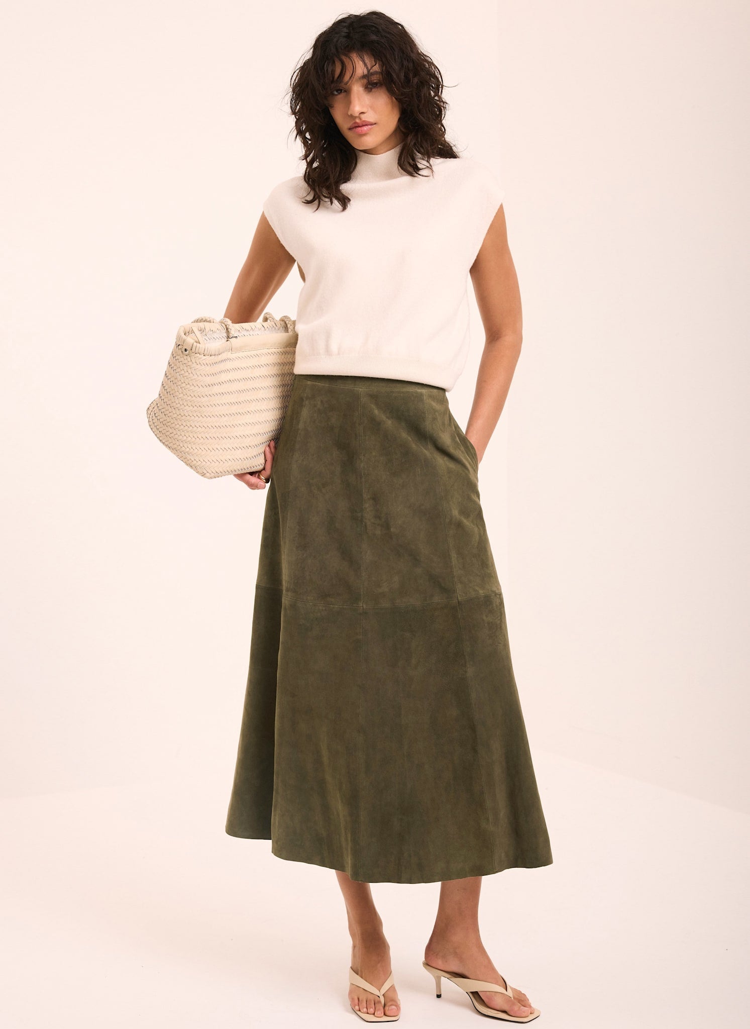 Khaki Suede Full Midi Skirt