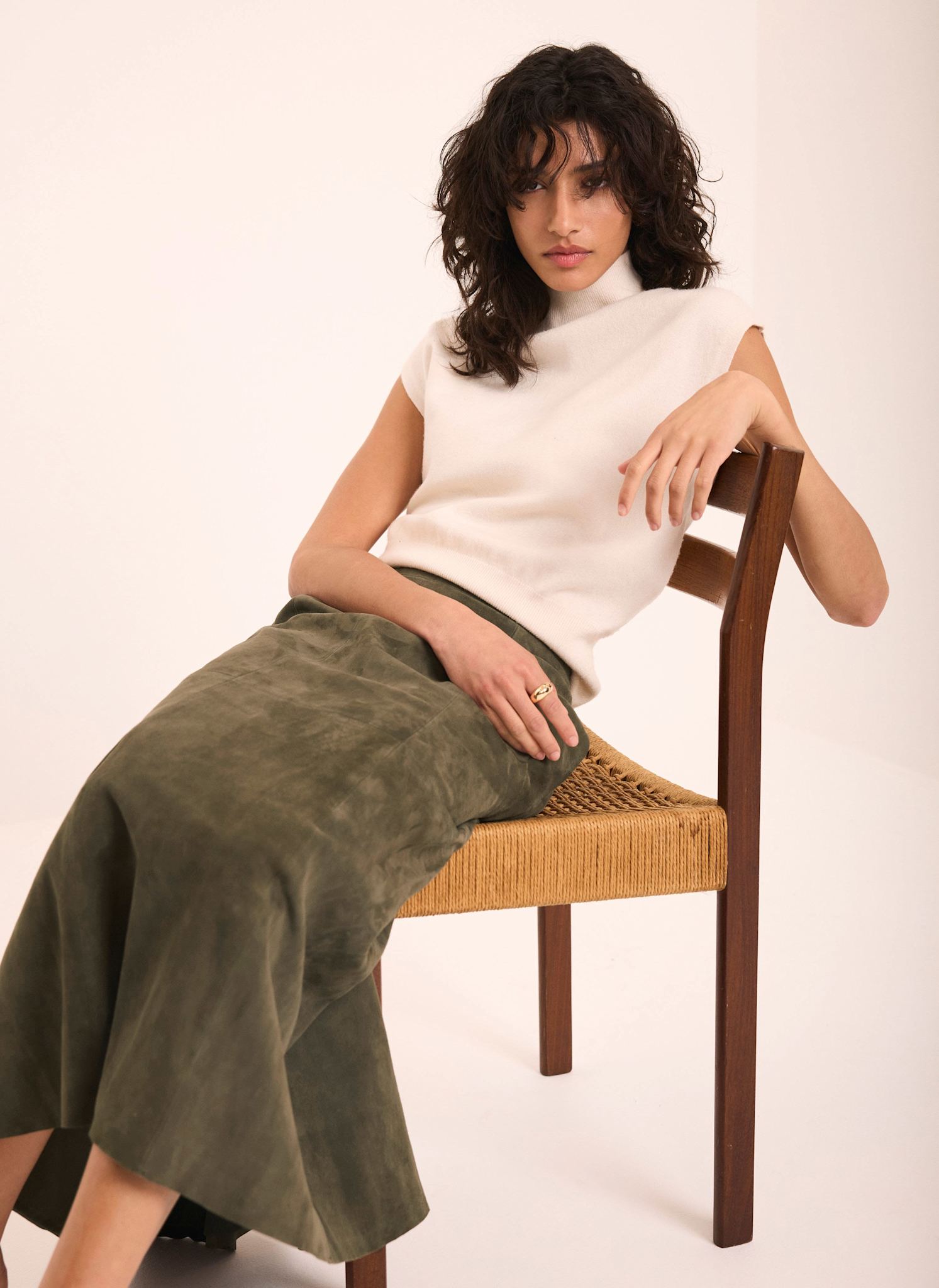Khaki Suede Full Midi Skirt