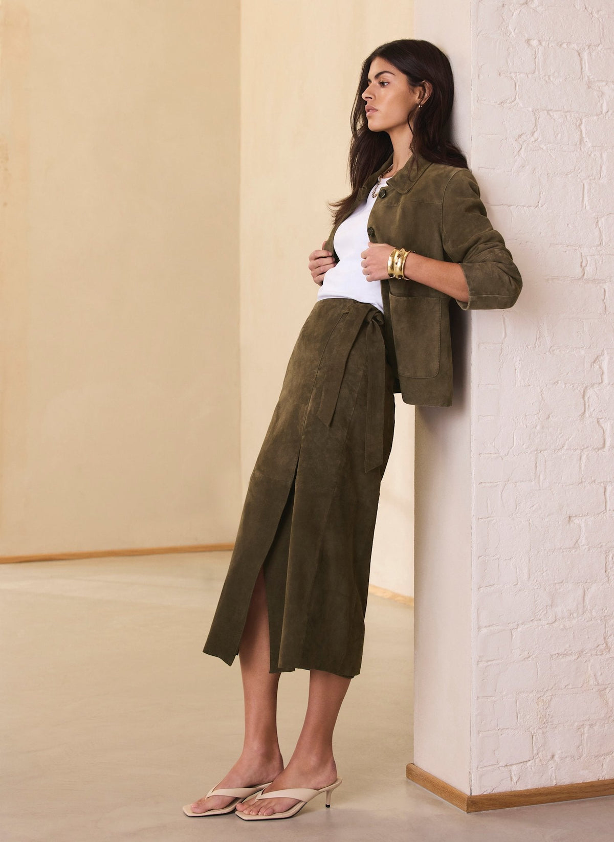 Khaki Suede Wrap Midi Skirt