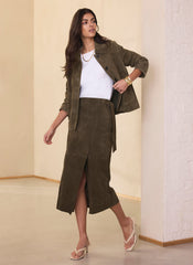 Khaki Suede Wrap Midi Skirt