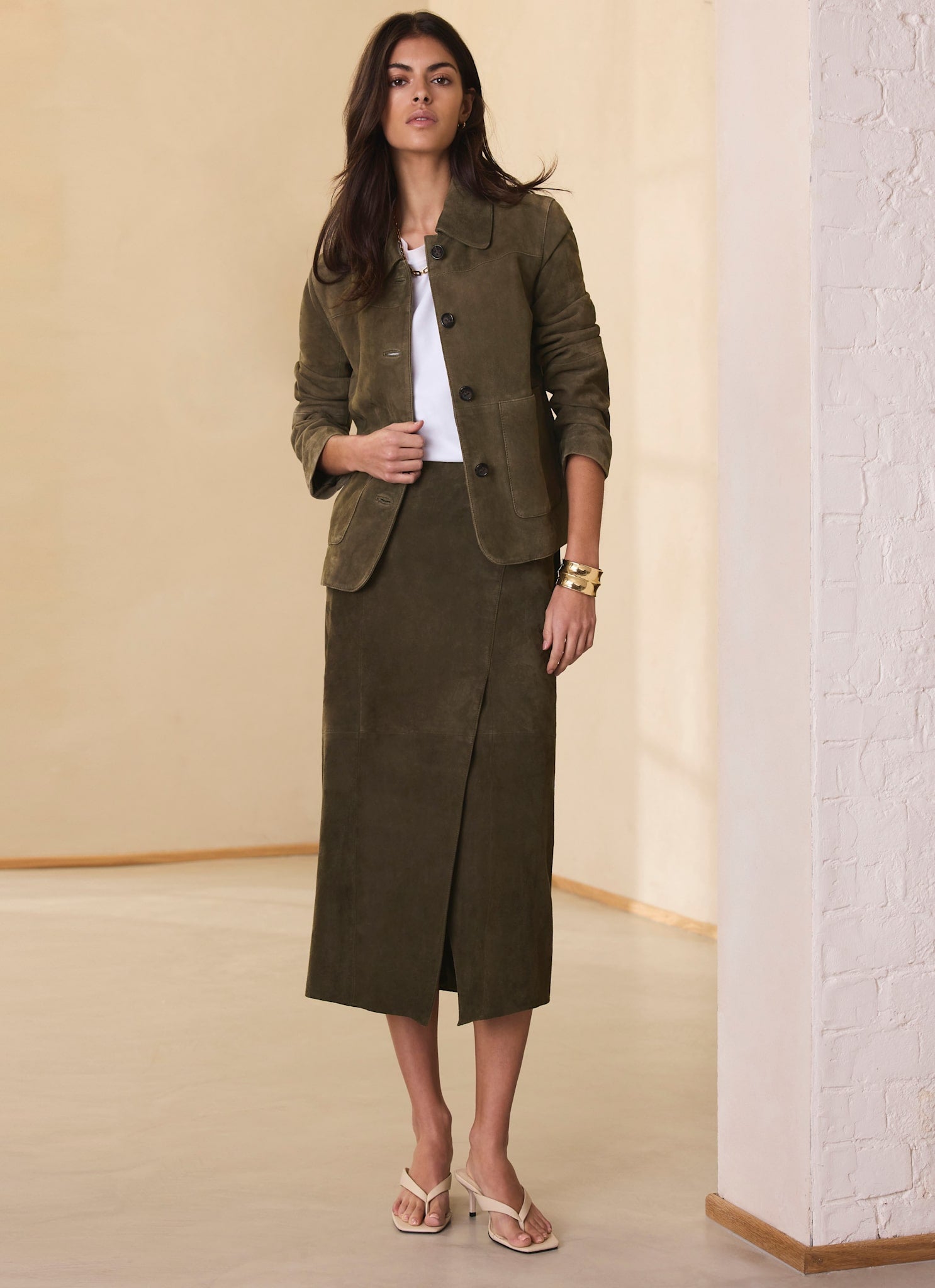 Khaki Suede Wrap Midi Skirt