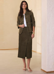 Khaki Suede Wrap Midi Skirt