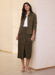 Khaki Suede Wrap Midi Skirt