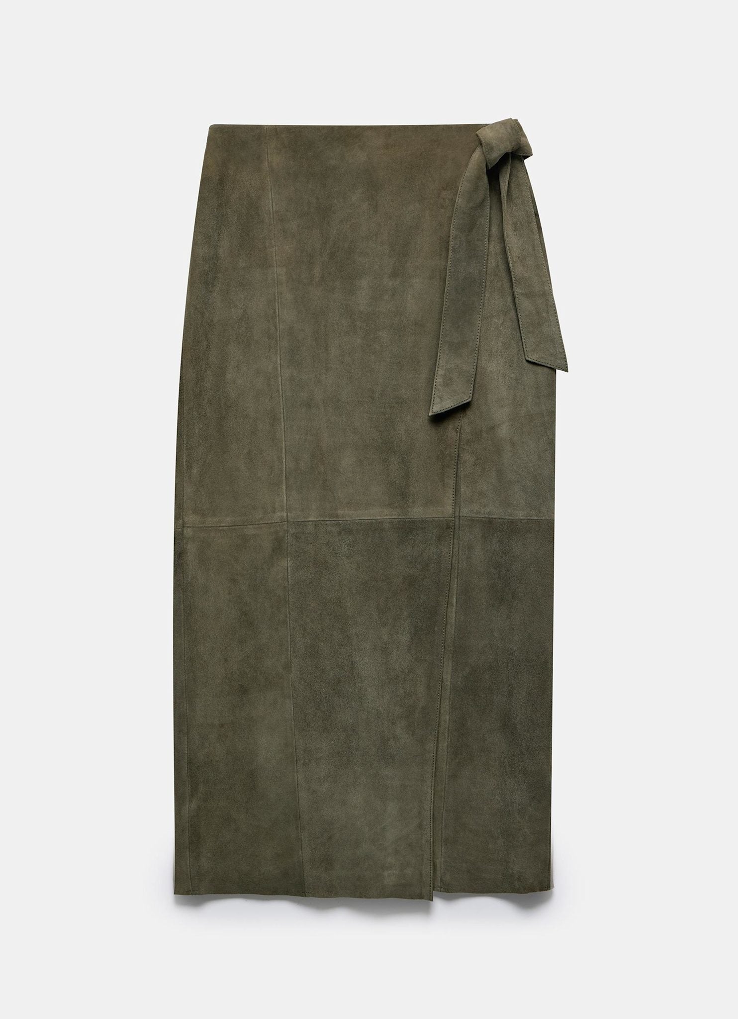 Khaki Suede Wrap Midi Skirt