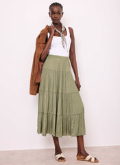Khaki Satin Tiered Maxi Skirt