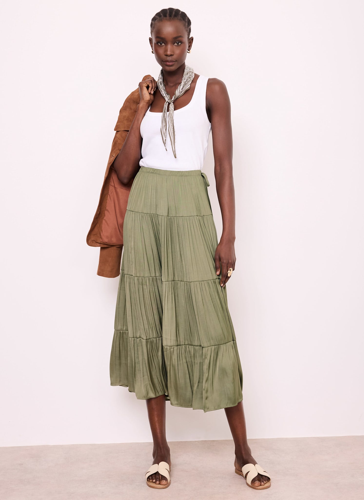 Khaki Satin Tiered Maxi Skirt