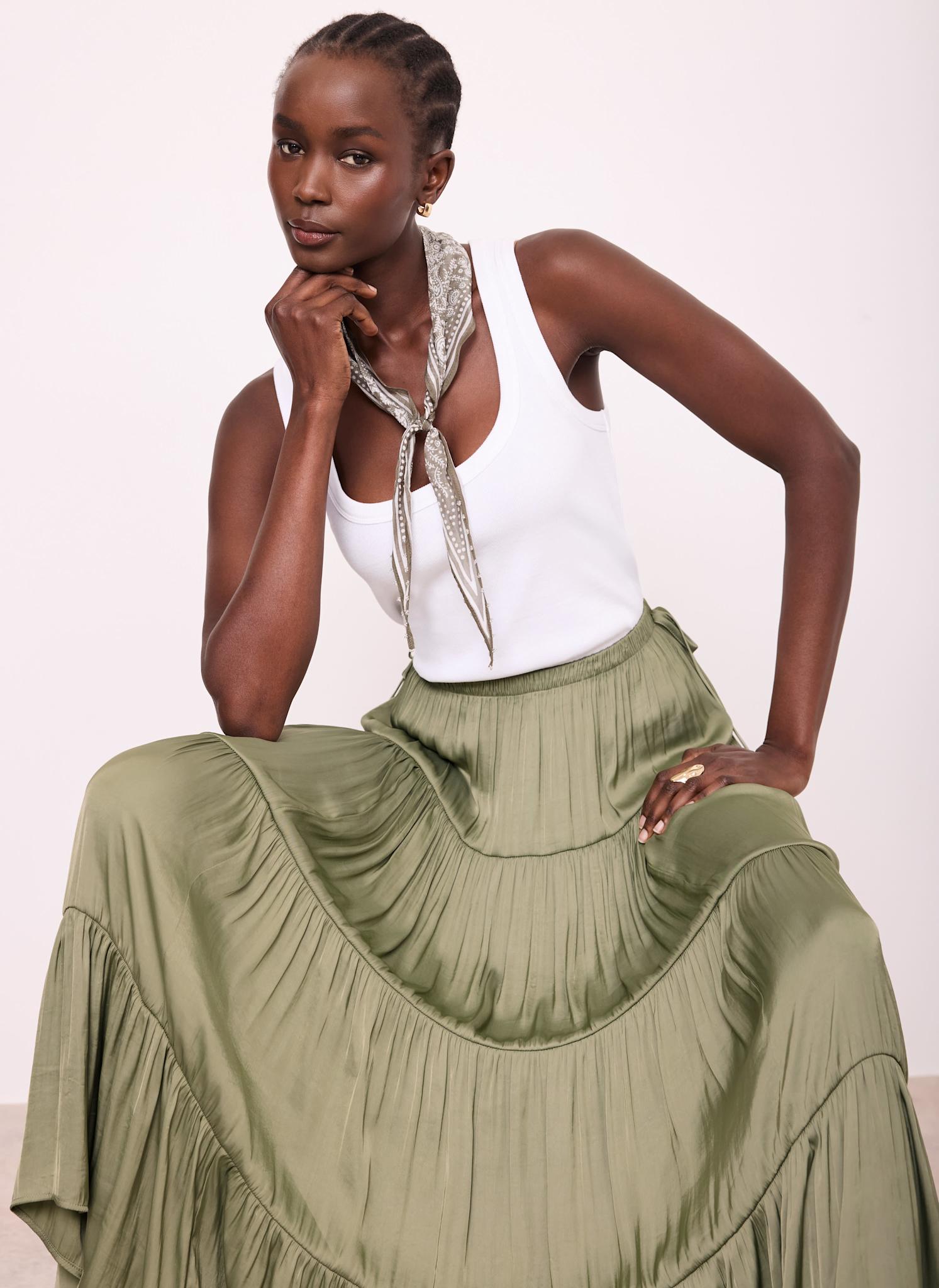 Khaki Satin Tiered Maxi Skirt