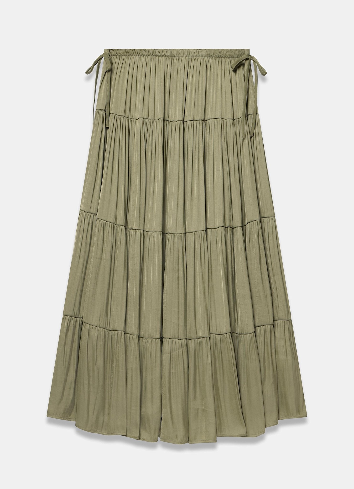 Khaki Satin Tiered Maxi Skirt