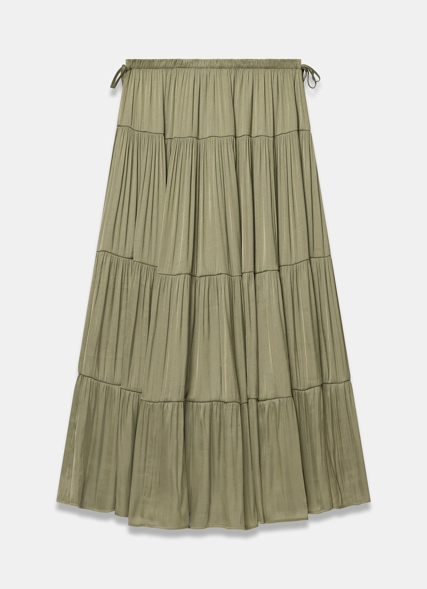 Khaki Satin Tiered Maxi Skirt