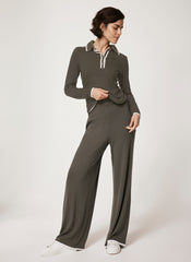 Khaki Ribbed Contrast Trim Wide Trousers