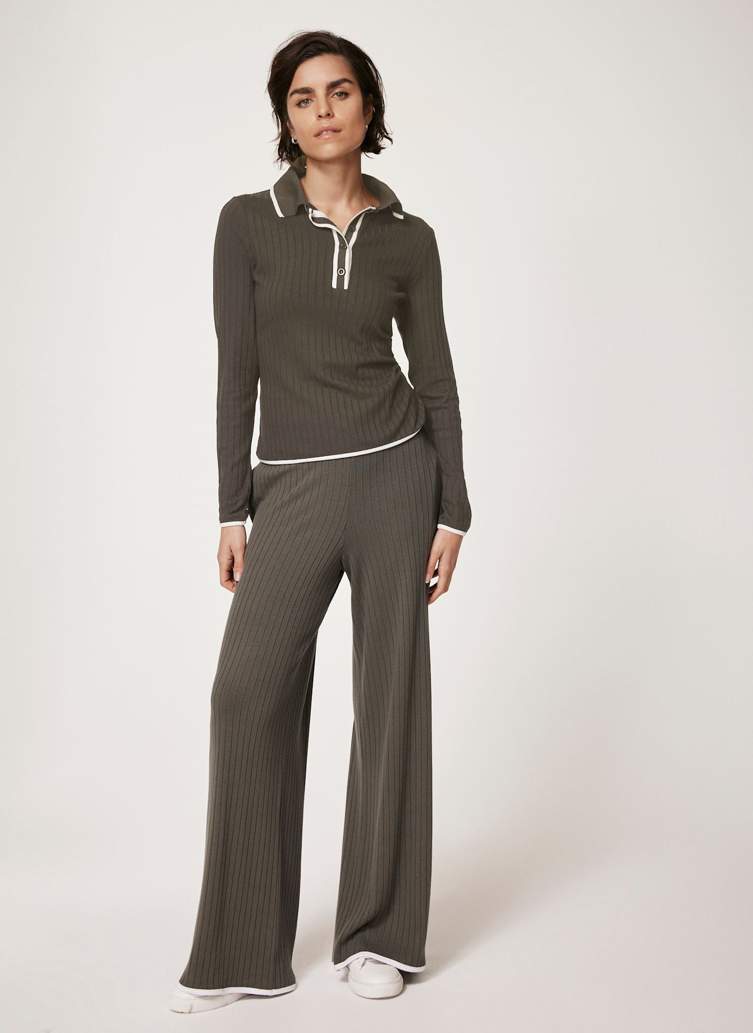 Khaki Ribbed Contrast Trim Wide Trousers