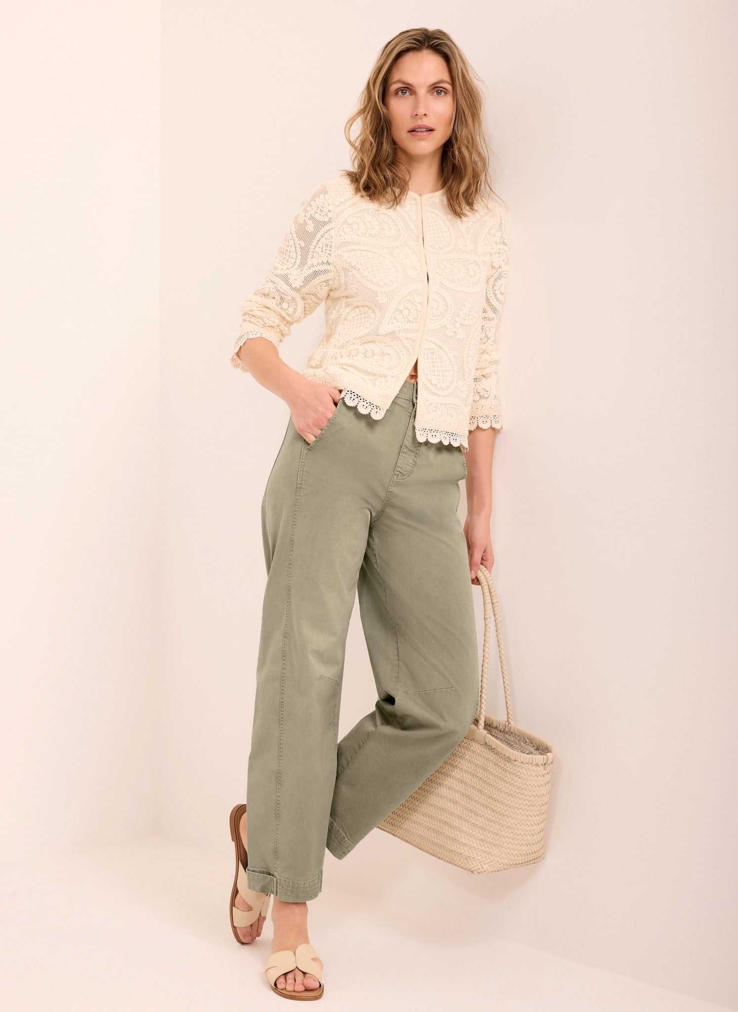 Khaki Washed Barrel Leg Chino Trousers
