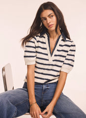 Cream Striped Knit Denim Detail Tops