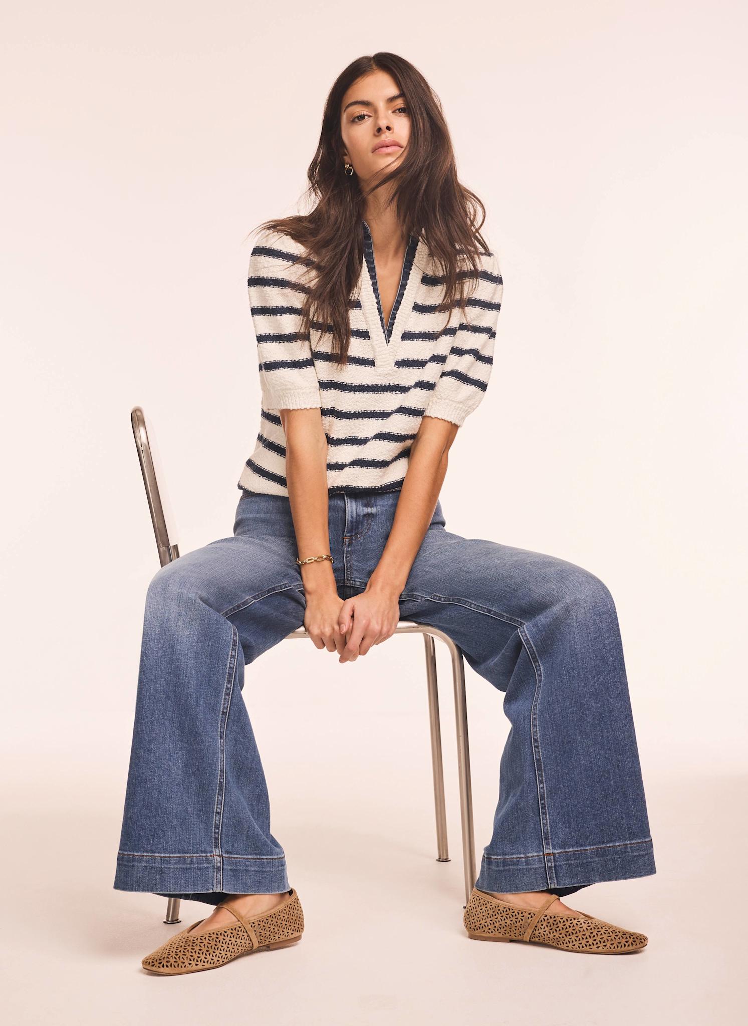 Cream Striped Knit Denim Detail Tops