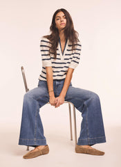 Cream Striped Knit Denim Detail Tops
