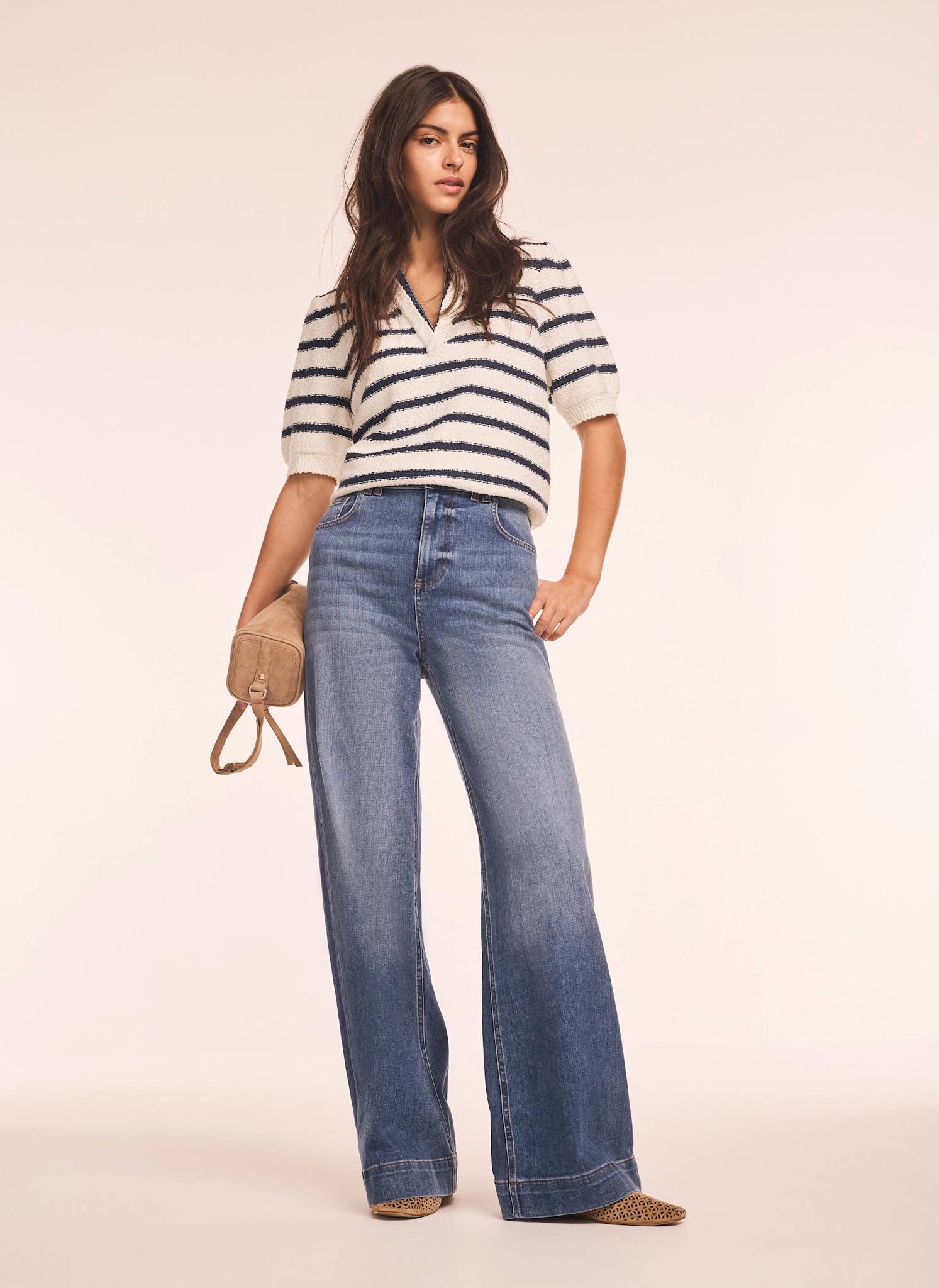 Cream Striped Knit Denim Detail Tops
