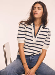 Cream Striped Knit Denim Detail Tops