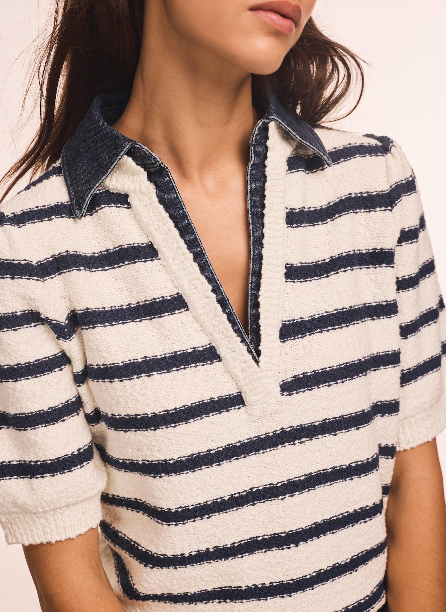 Cream Striped Knit Denim Detail Tops