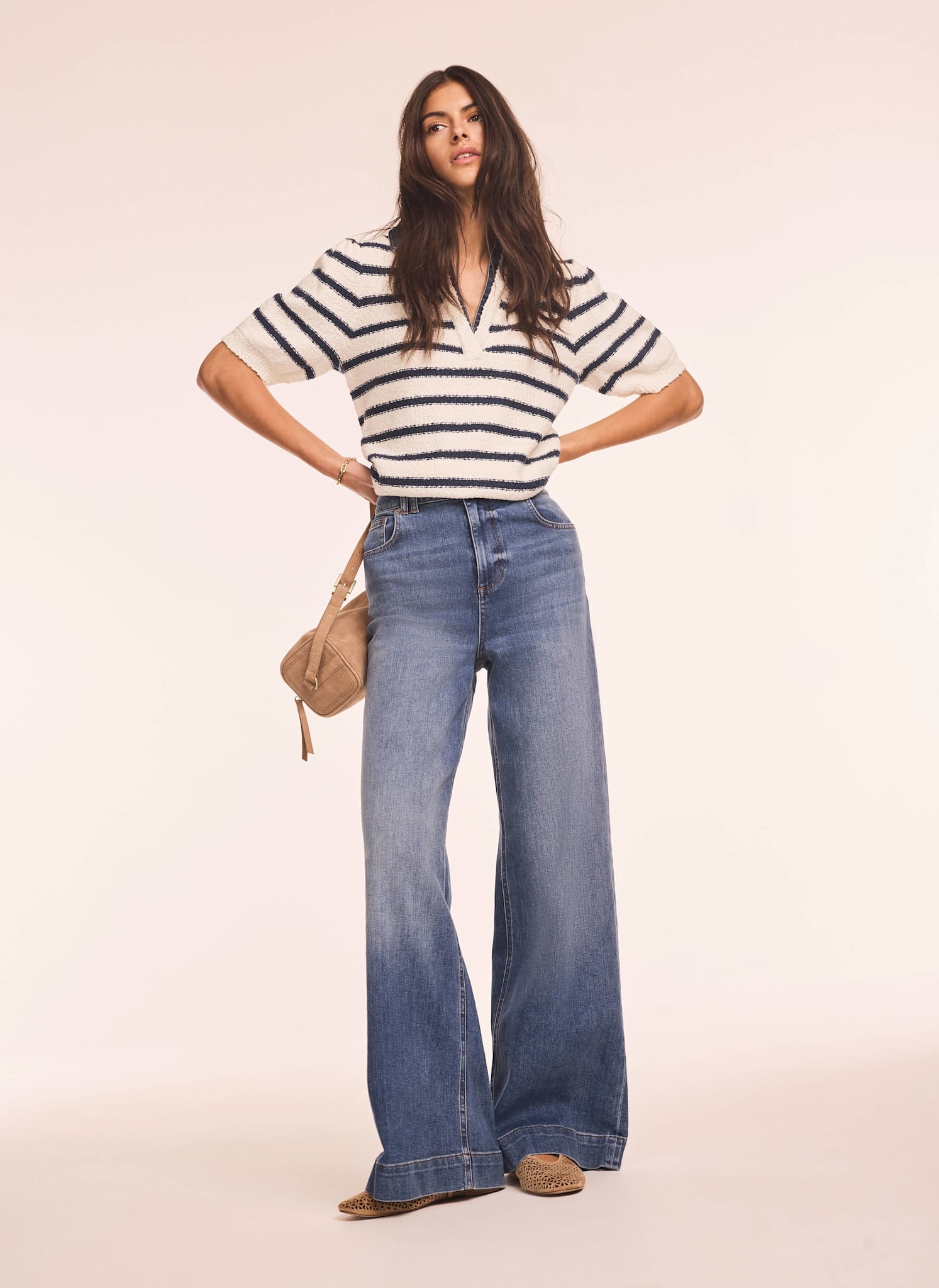Cream Striped Knit Denim Detail Tops