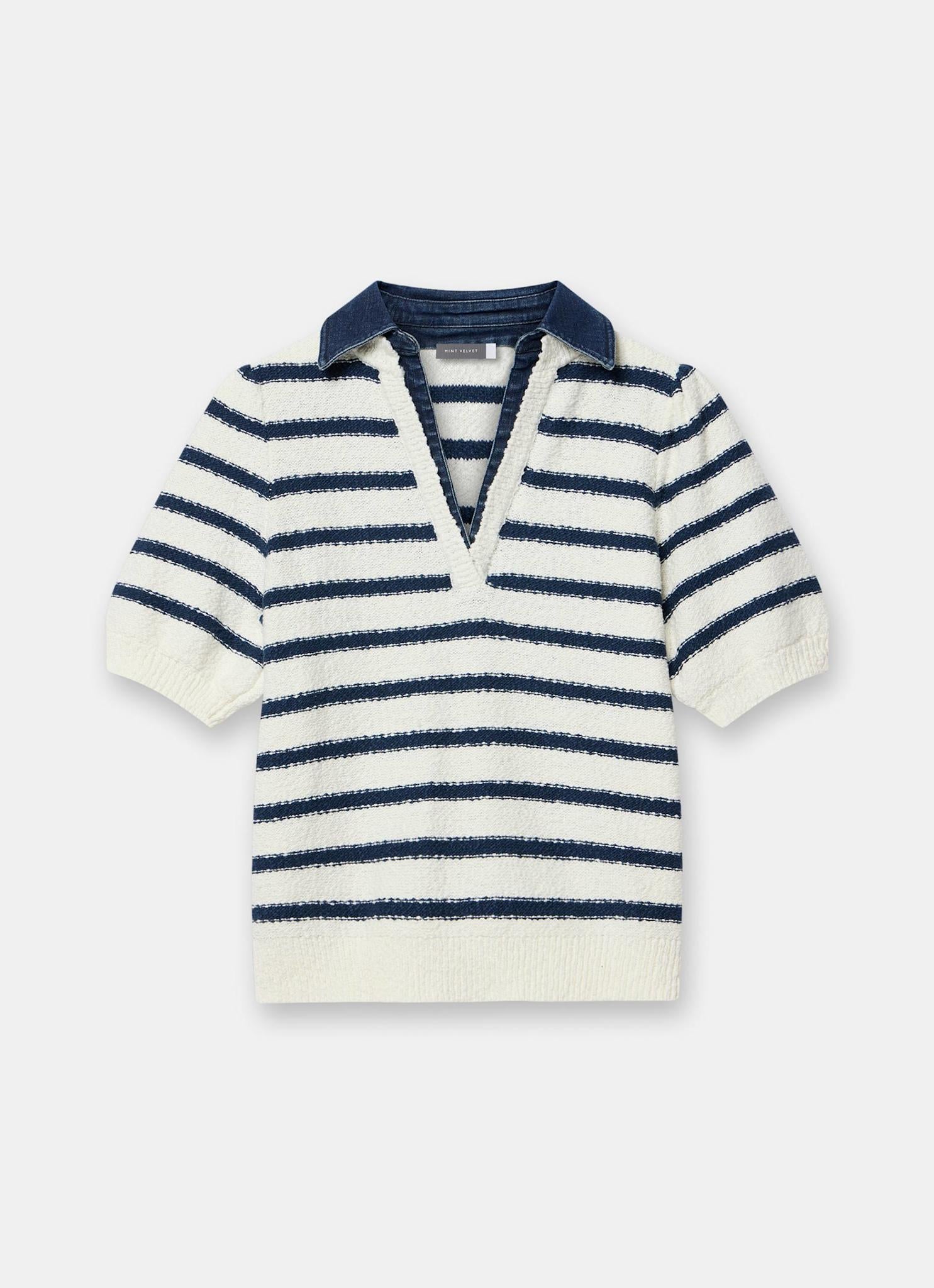 Cream Striped Knit Denim Detail Tops