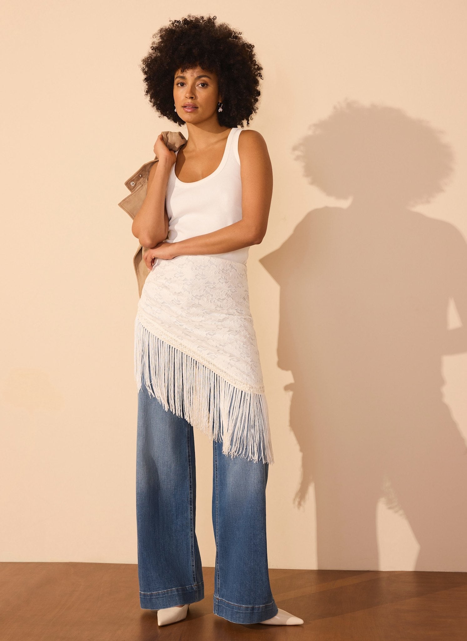 Cream Lace Fringe Cover Up Scarf