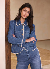 Mid Indigo Crochet Trim Denim Jacket