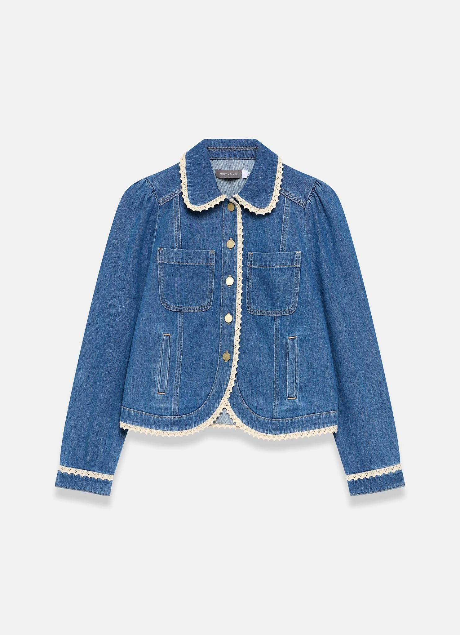 Mid Indigo Crochet Trim Denim Jacket