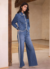 Mid Indigo Crochet Trim Straight Jeans