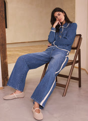 Mid Indigo Crochet Trim Straight Jeans