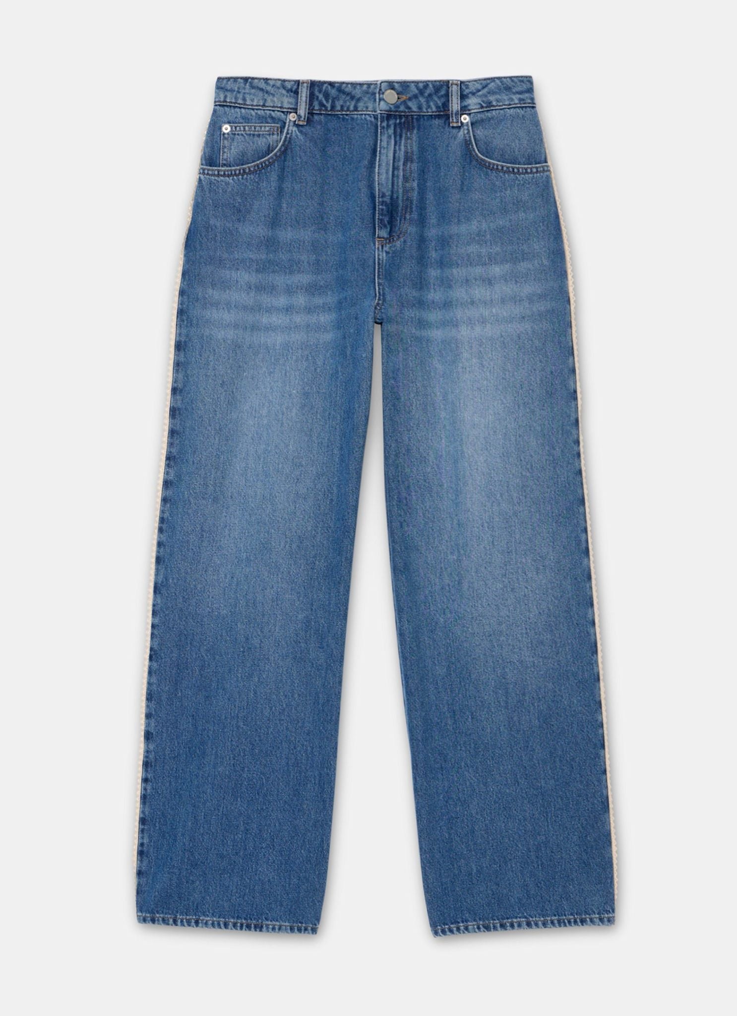 Mid Indigo Crochet Trim Straight Jeans