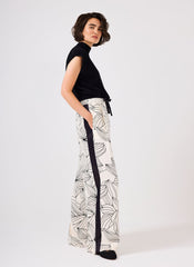 Cream Floral Print Wide Satin Trousers
