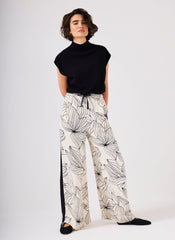 Cream Floral Print Wide Satin Trousers