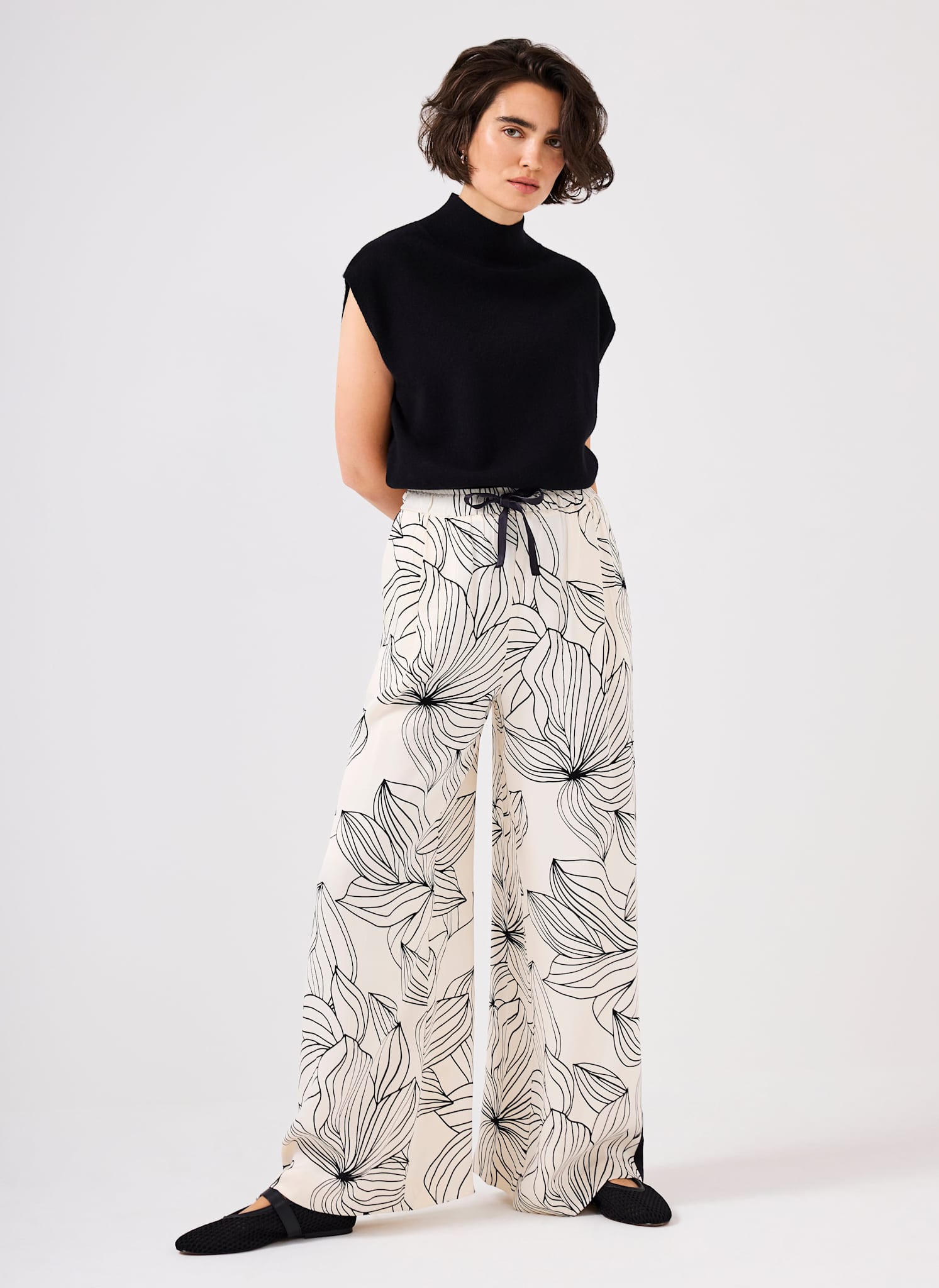 Cream Floral Print Wide Satin Trousers