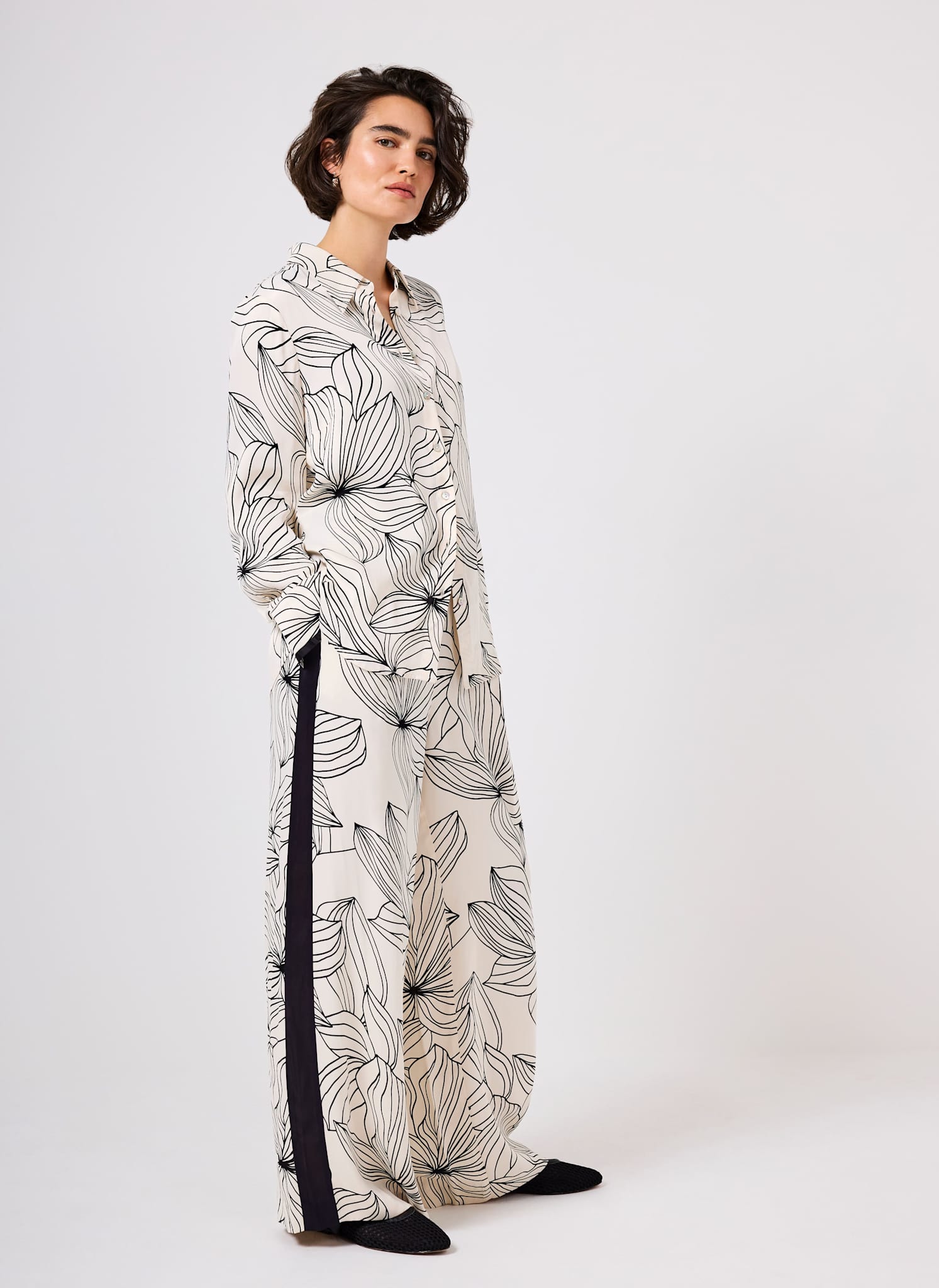 Cream Floral Print Wide Satin Trousers