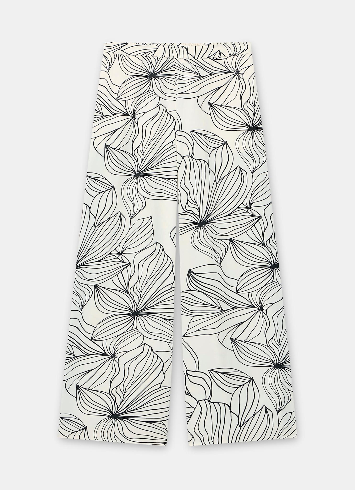 Cream Floral Print Wide Satin Trousers