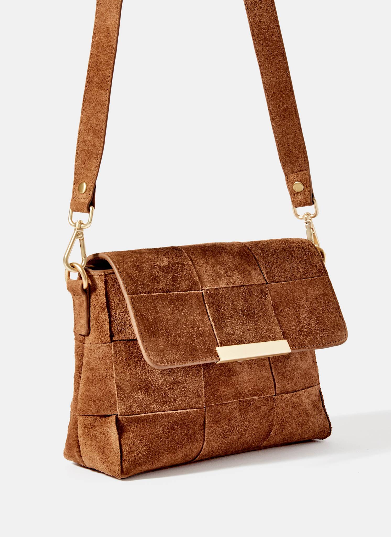 Lara Tan Suede Woven Crossbody Bag