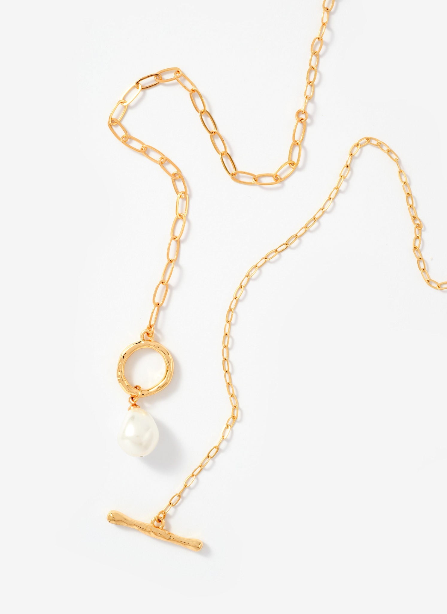 Gold Tone Pearl Lariat Style Necklace
