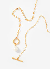Gold Tone Pearl Lariat Style Necklace