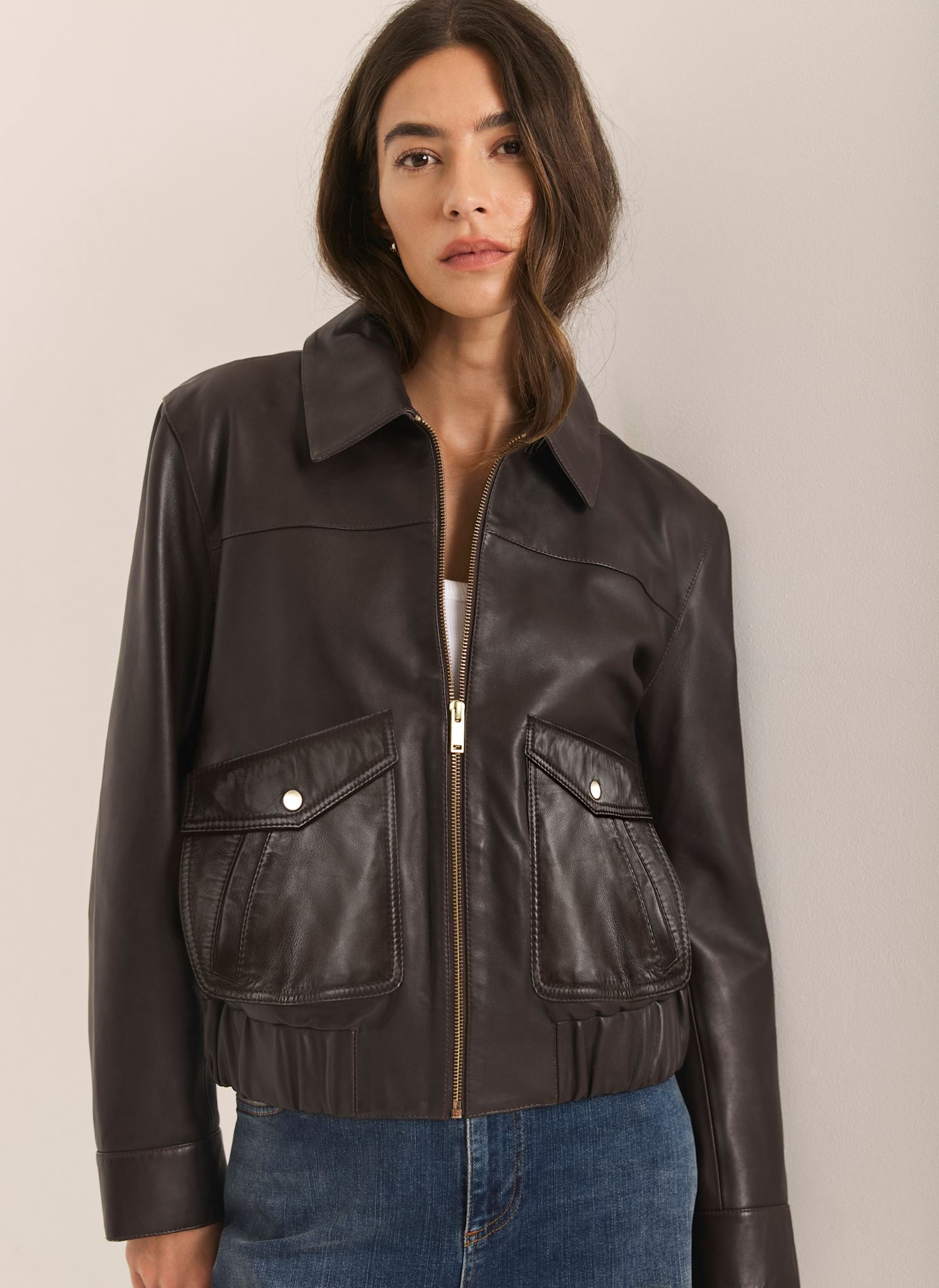 Brown Leather Collared Bomber Jacket