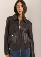 Brown Leather Collared Bomber Jacket