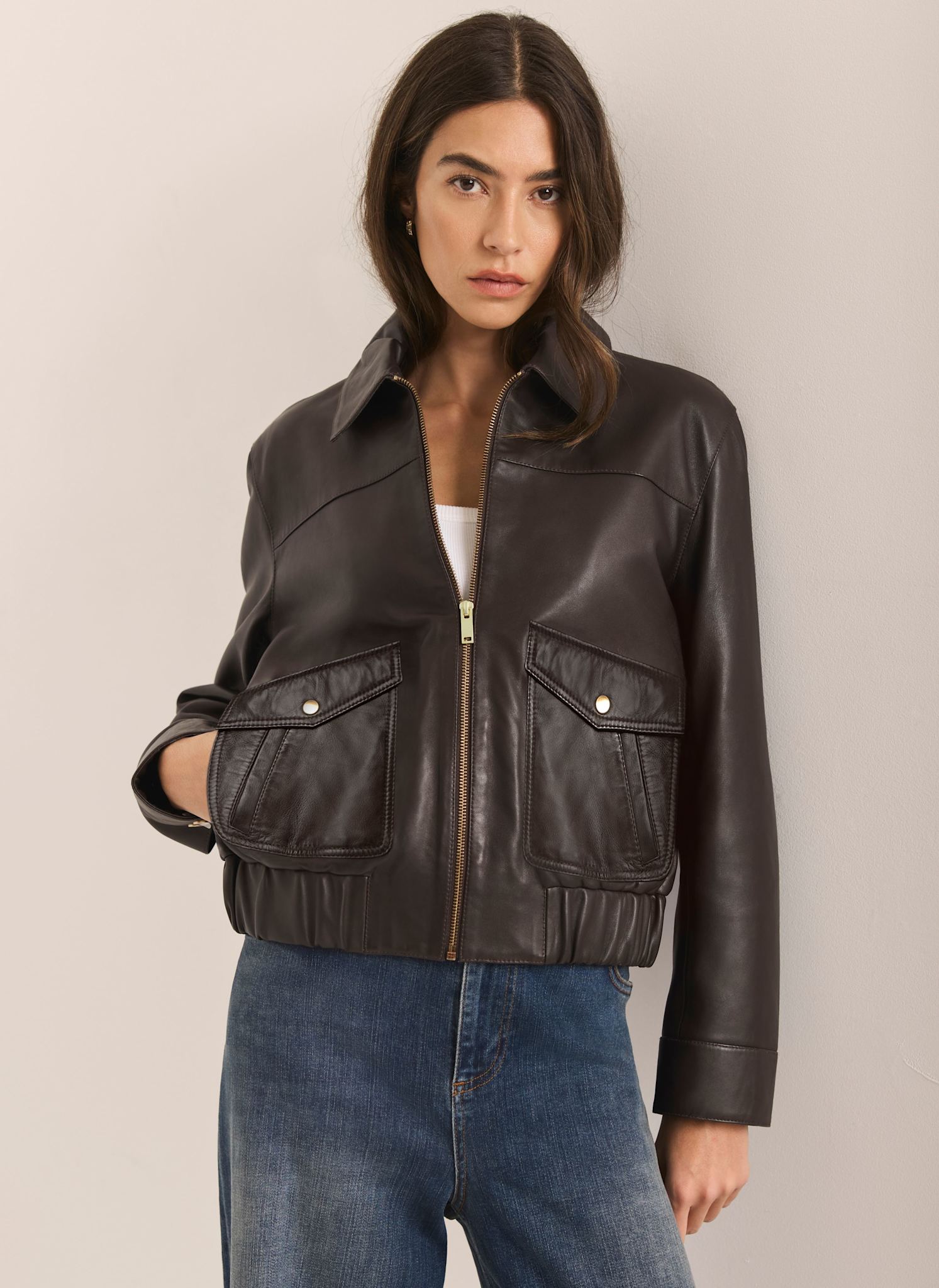 Brown Leather Collared Bomber Jacket