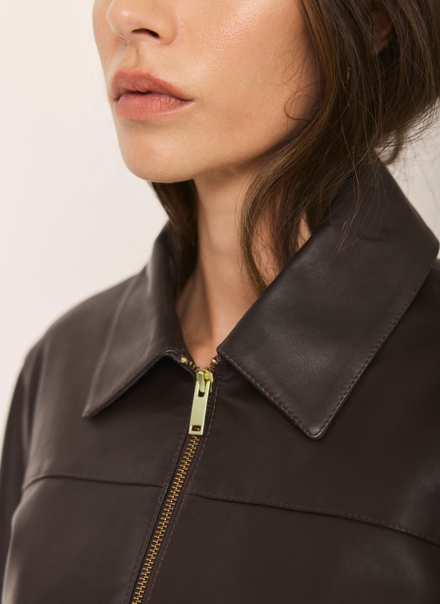 Brown Leather Collared Bomber Jacket
